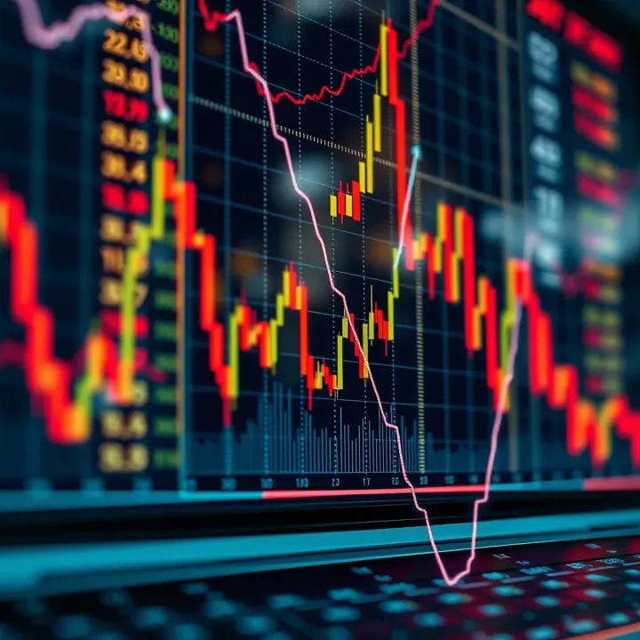 Graph showing a sharp decline in stock market index with economic indicators in the background