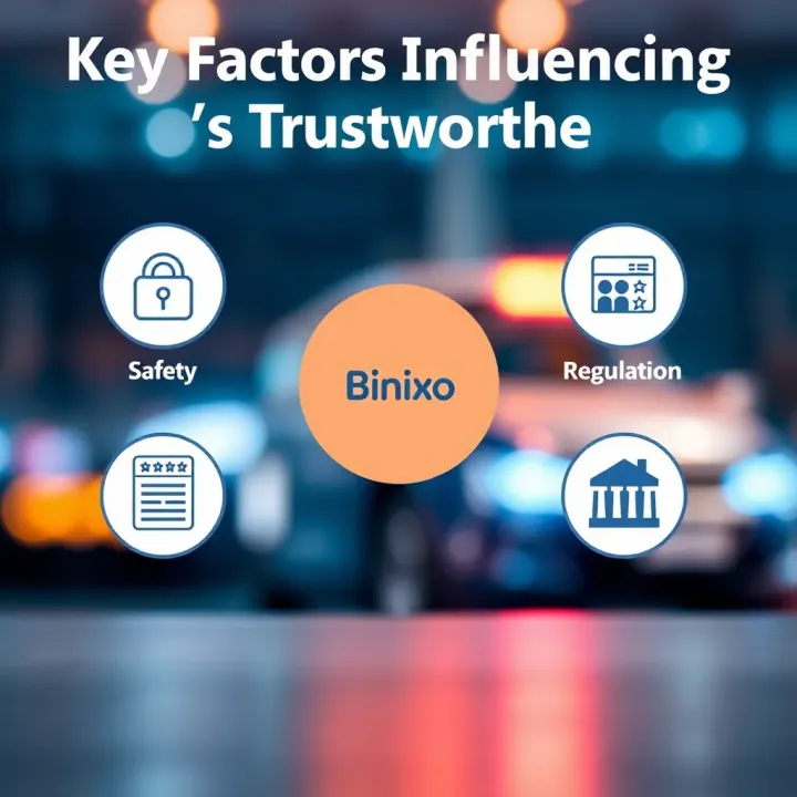 Overview of key factors influencing trustworthiness of an online service platform with icons representing safety, user reviews, and regulation