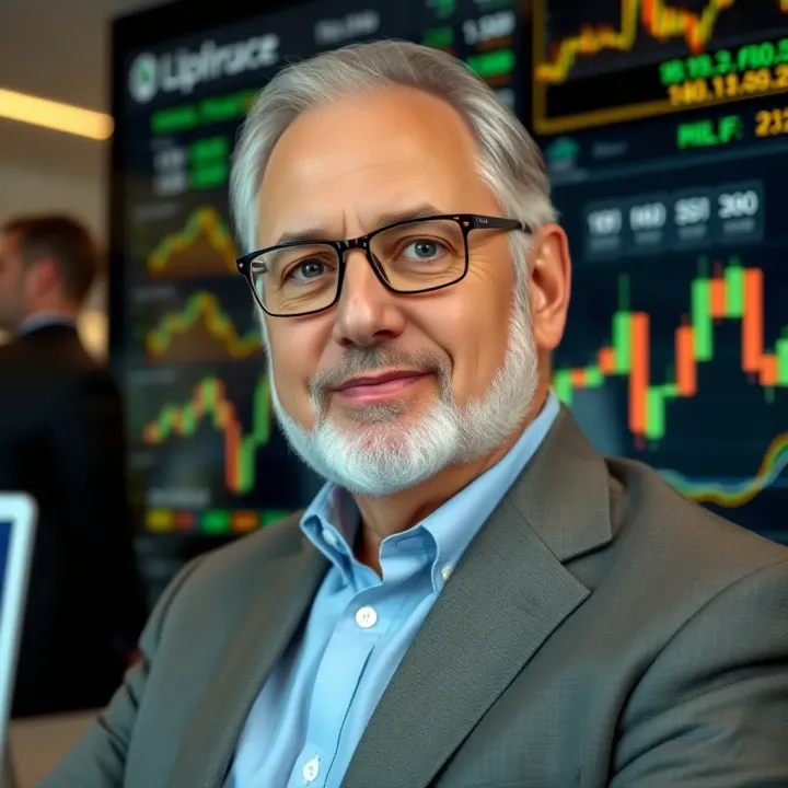 Portrait of Bill Lipschutz with financial charts in the background