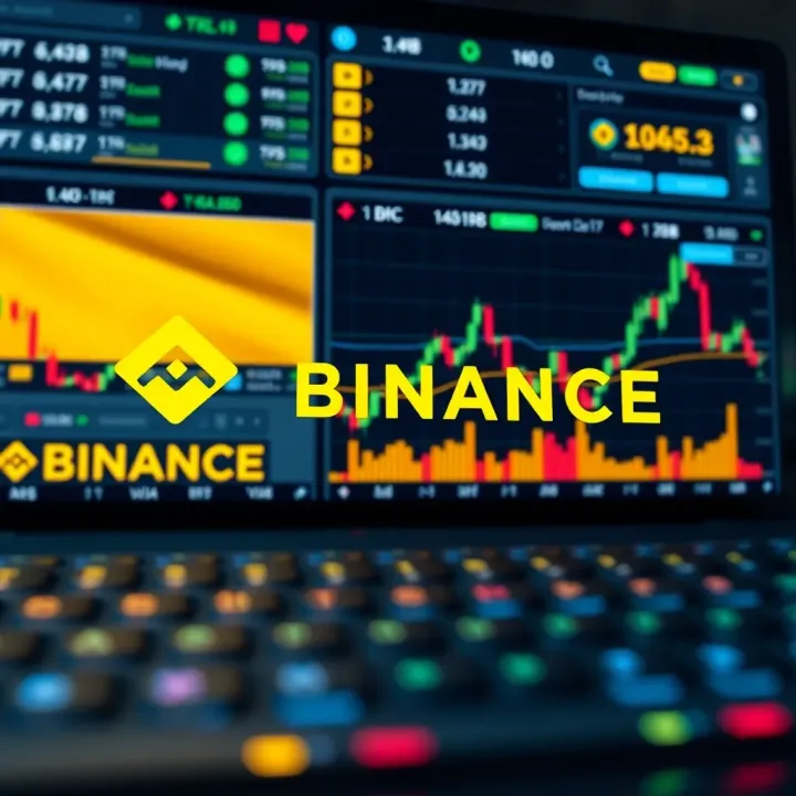 Digital representation of Binance trading platform interface with cryptocurrency charts and Colombian flag