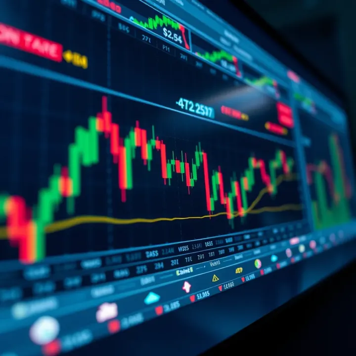 Illustration showing a binary options trading chart with candlestick patterns and upward and downward arrows representing potential market movements