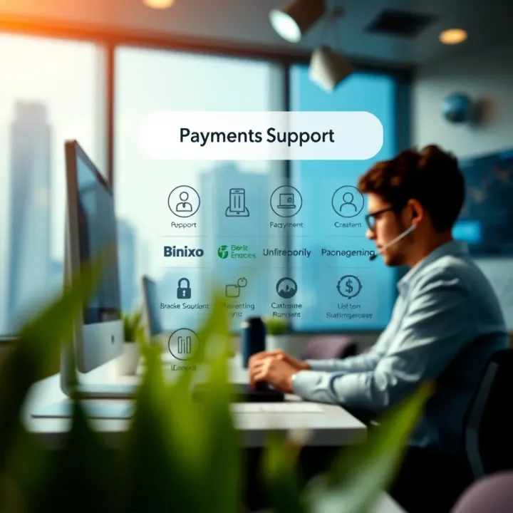 Graphic illustrating payment methods and customer support for Binixo users
