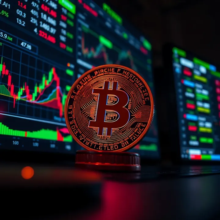 Digital representation of Bitcoin symbol with charts and data screens indicating market analysis