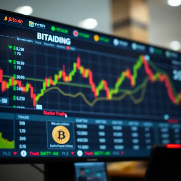 Automated Cryptocurrency Trading Interface with Bitcoin Motion Digital interface displaying automated cryptocurrency trading charts and Bitcoin symbols