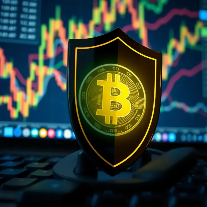 Illustration of a digital shield protecting a computer screen displaying a Bitcoin symbol