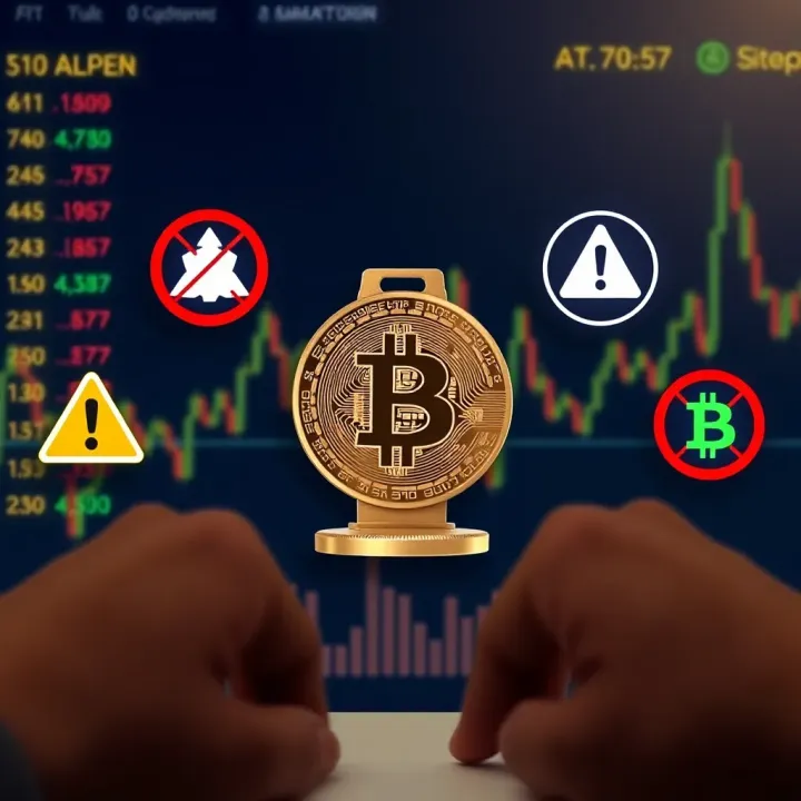 Visualization of warning signs and alert icons around cryptocurrency symbols