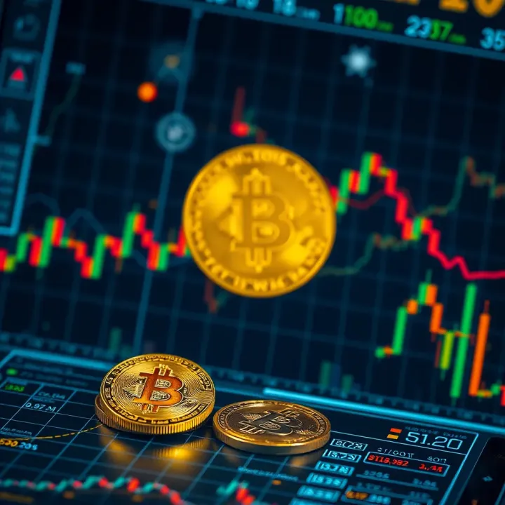 Graphical representation of automated cryptocurrency trading with digital currency symbols and algorithmic charts