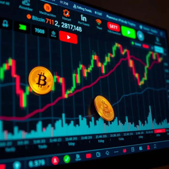 Illustration of a digital trading platform with Bitcoin symbols and charts representing cryptocurrency market activity