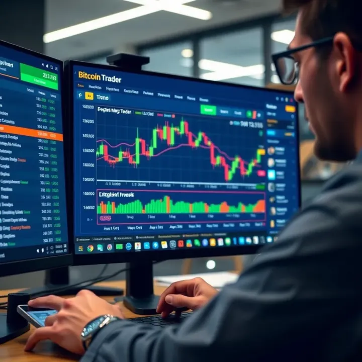 User reviewing Bitcoin Trader platform interface and features on a computer screen
