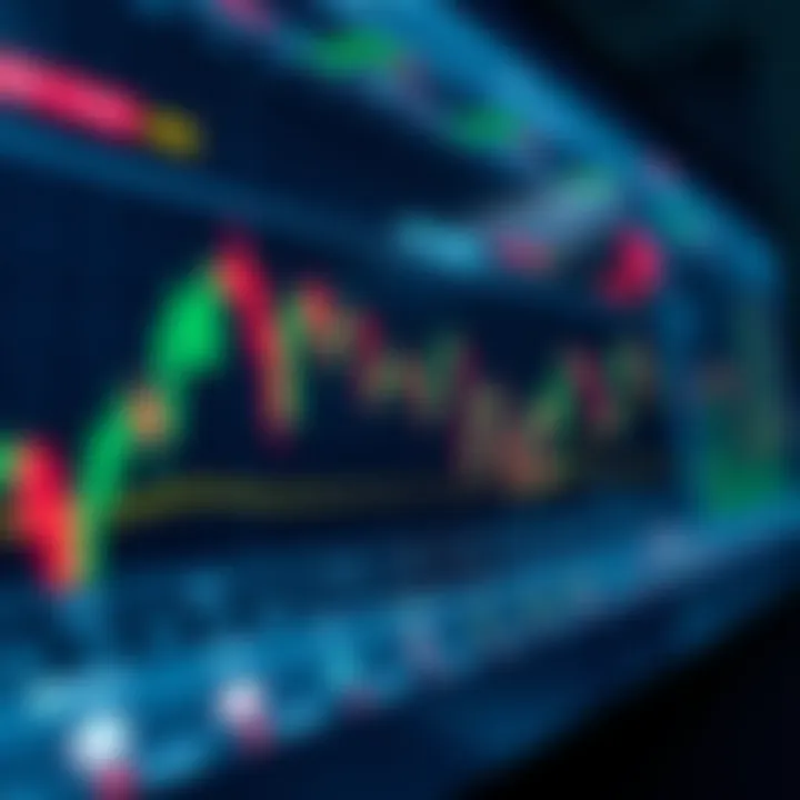 Illustration showing a binary options trading chart with candlestick patterns and upward and downward arrows representing potential market movements