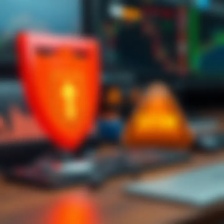 Digital illustration of online trading risks and user reviews with shield and caution symbols