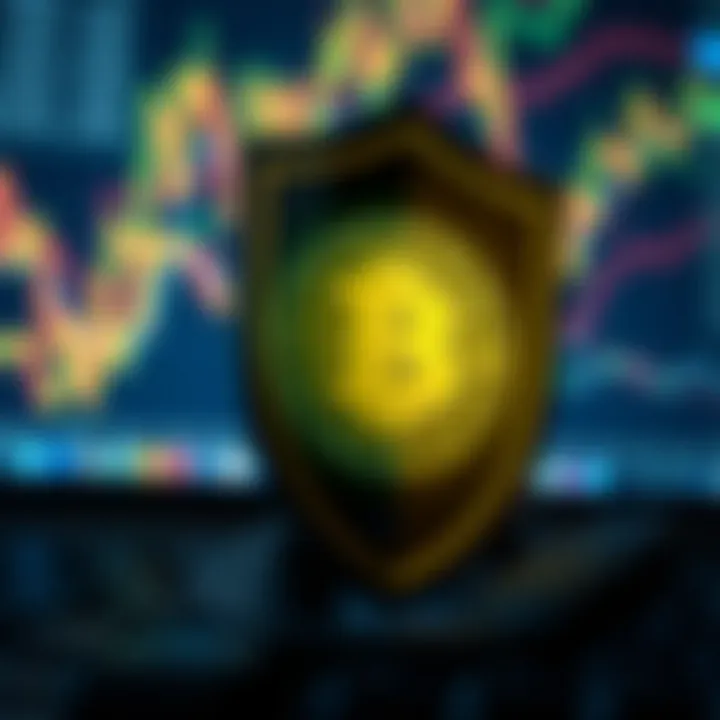 Illustration of a digital shield protecting a computer screen displaying a Bitcoin symbol