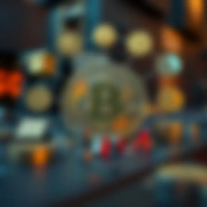 Conceptual illustration of Bitcoin surrounded by symbols representing risks and opportunities