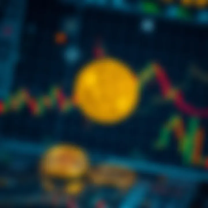 Graphical representation of automated cryptocurrency trading with digital currency symbols and algorithmic charts