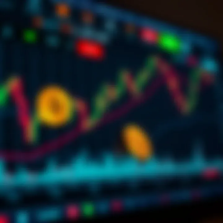 Illustration of a digital trading platform with Bitcoin symbols and charts representing cryptocurrency market activity