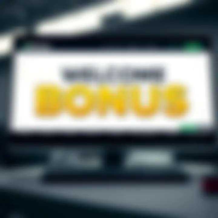 Illustration of a digital broker platform showing a welcome bonus offer without deposit requirements