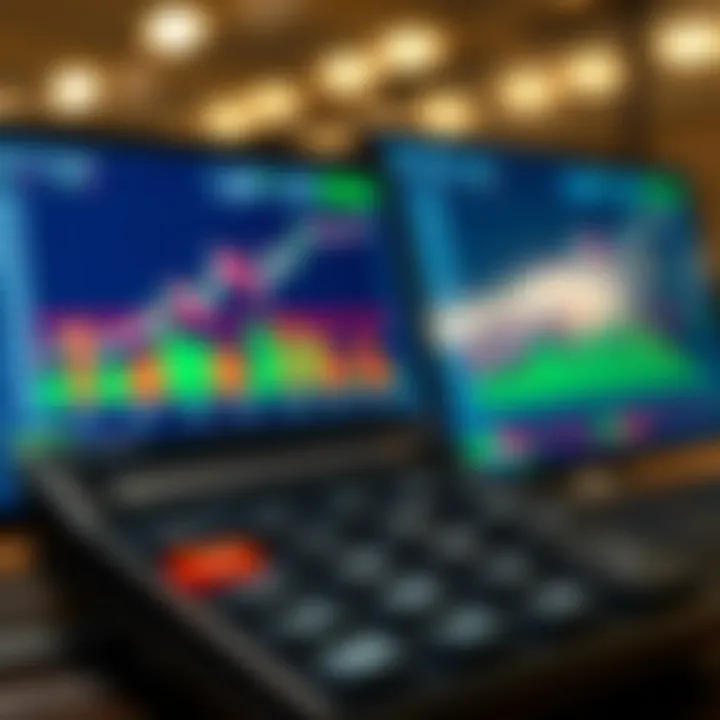Commercial calculator showing financial data on a digital screen with graphs and numbers