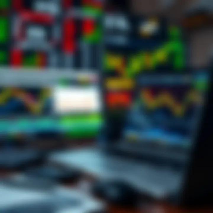 Collection of digital tools including charts, indicators, and a laptop used for online trading analysis