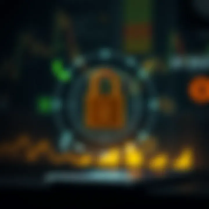 Secure digital lock icon with financial trading symbols representing app security features