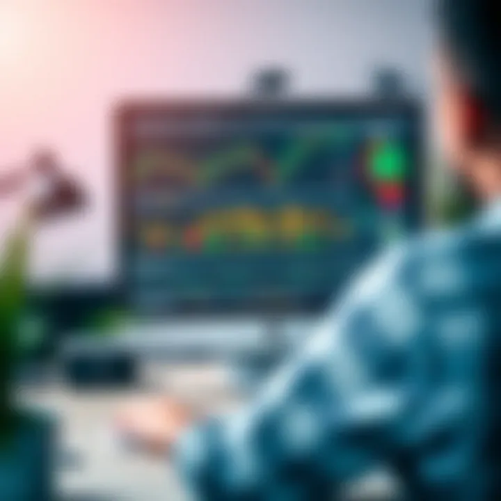 Illustration of a digital workspace with a computer screen displaying Forex charts and a video editing software interface