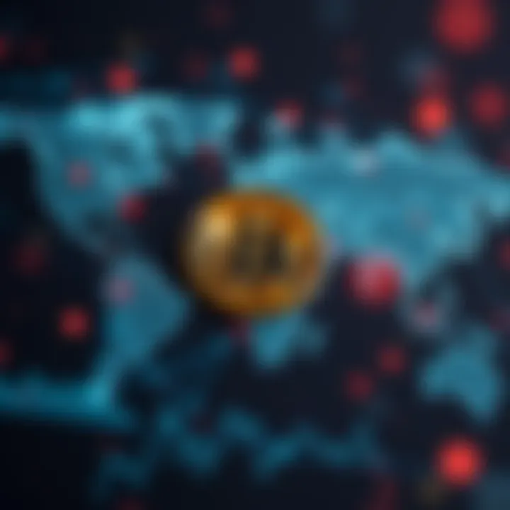 Conceptual digital illustration of cryptocurrency symbols over a global economic network