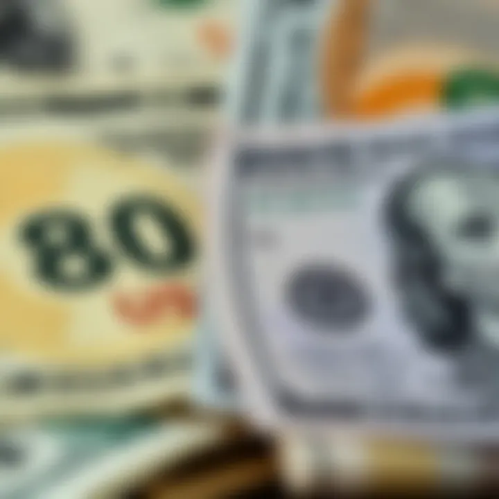 Close-up of Colombian peso bills and US dollar bills side by side