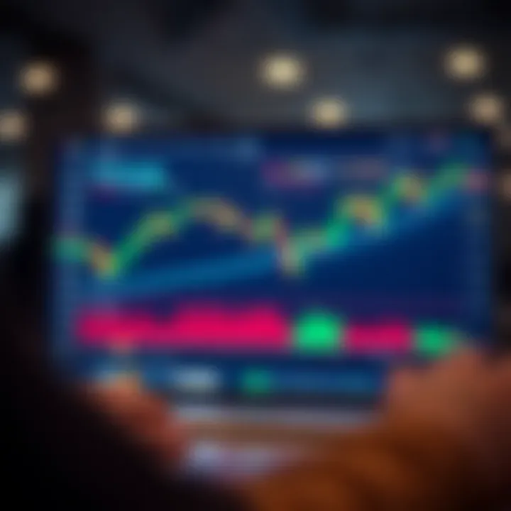 Illustration of a digital trading platform interface showing charts and indicators with virtual funds balance