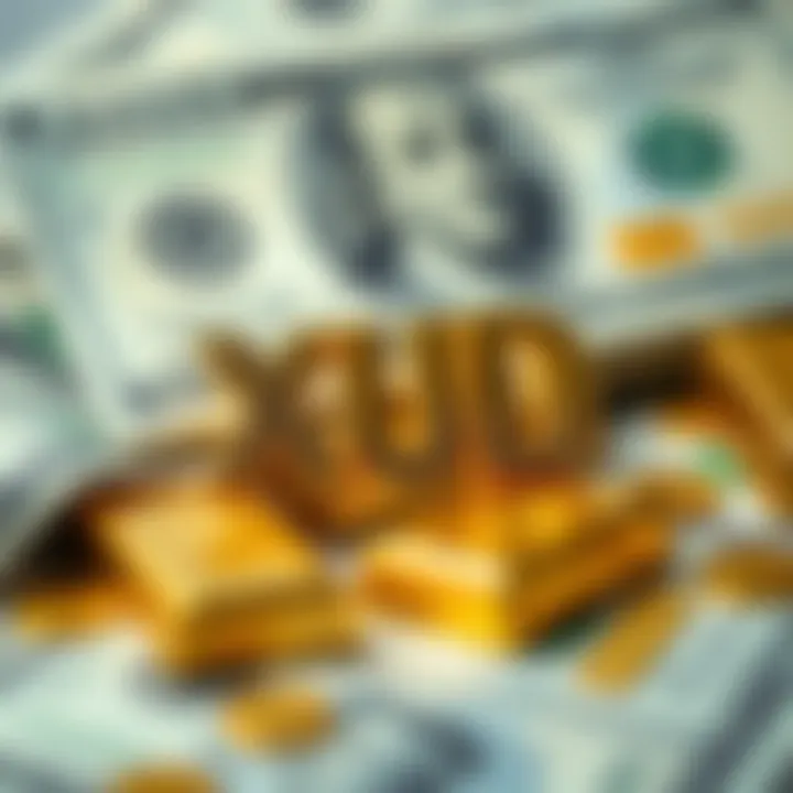 Gold bars and U.S. dollar bills representing the XAU/USD currency pair in a financial market context