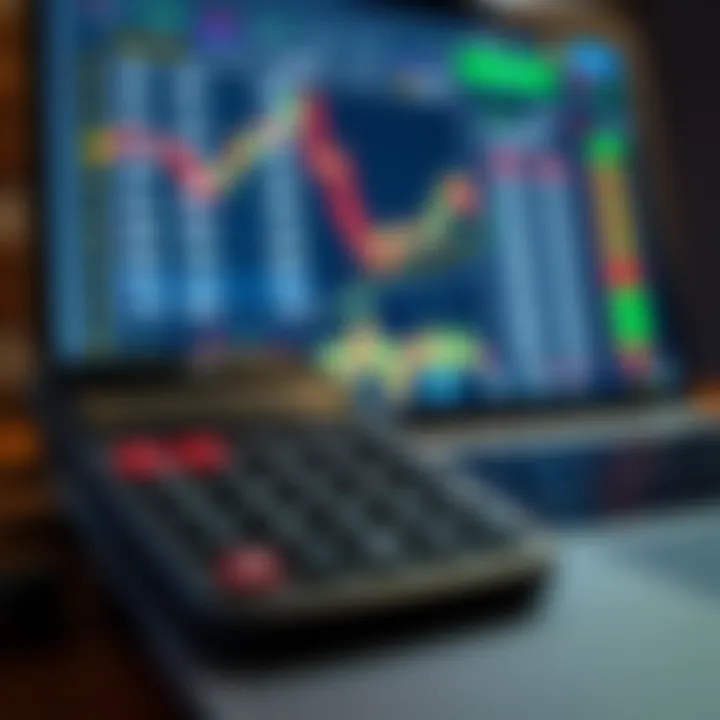 Calculator and laptop screen displaying pip values and trading statistics