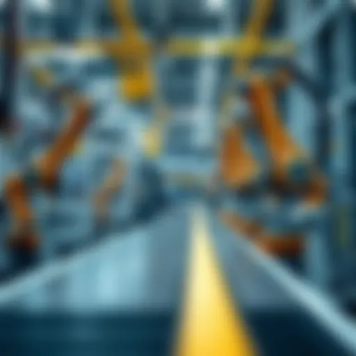 Modern manufacturing facility with advanced machinery and robotic arms operating in a clean production line