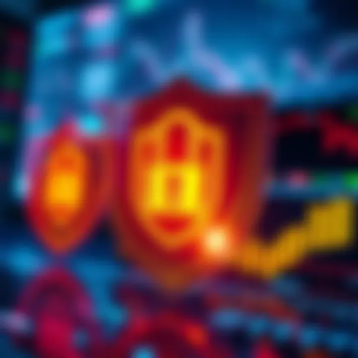 Visual representation of secure online trading with shields and digital security elements