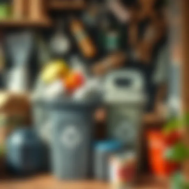 Visual representation of a household practicing responsible waste management with recycling bins and repaired items