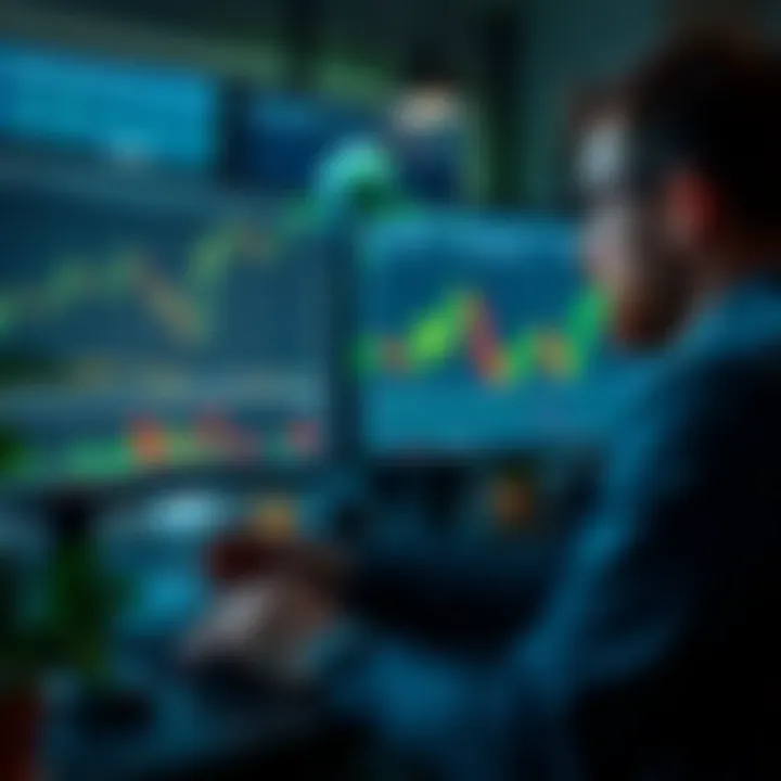 Graphic showing a trader analyzing market trends on a computer while testing strategies without risking real money