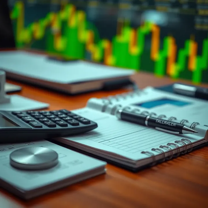 Business workspace with a calculator, notebook, and pen used for calculating trade costs and benefits