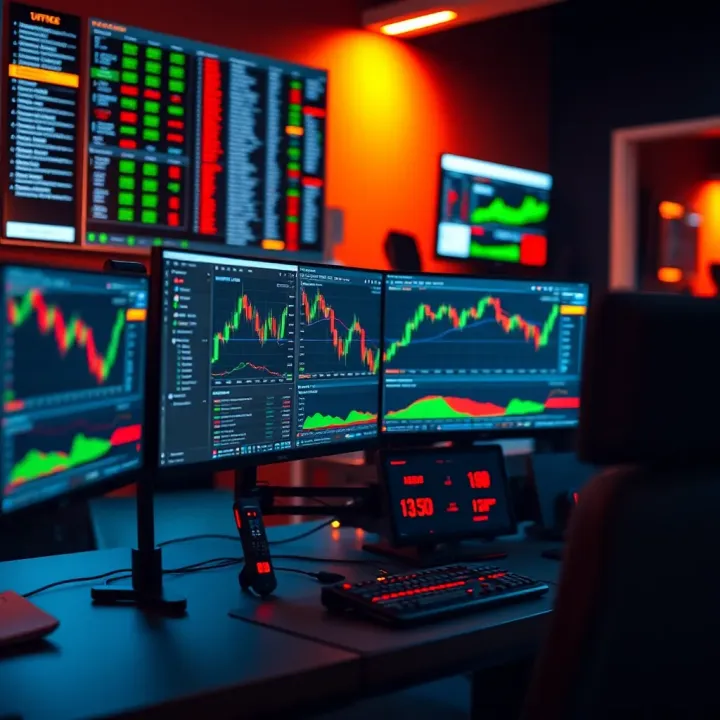 High-performance desktop computer setup with multiple monitors displaying trading charts and data