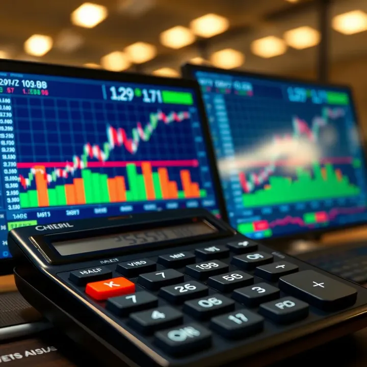 Commercial calculator showing financial data on a digital screen with graphs and numbers