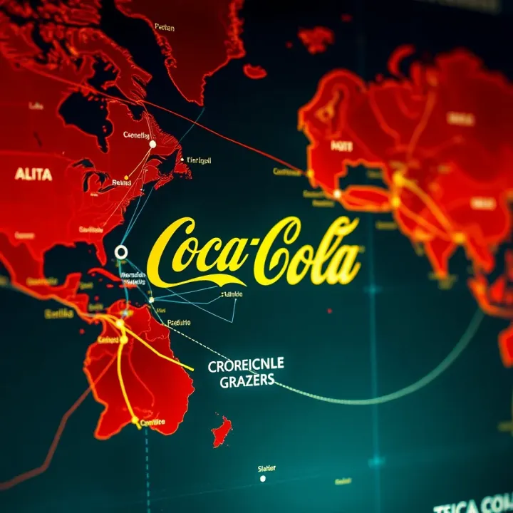 World map highlighting Coca-Cola's global distribution network with interconnected routes and distribution centers