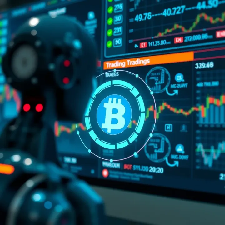 Illustration of financial market automation with digital interface and trading bot icons