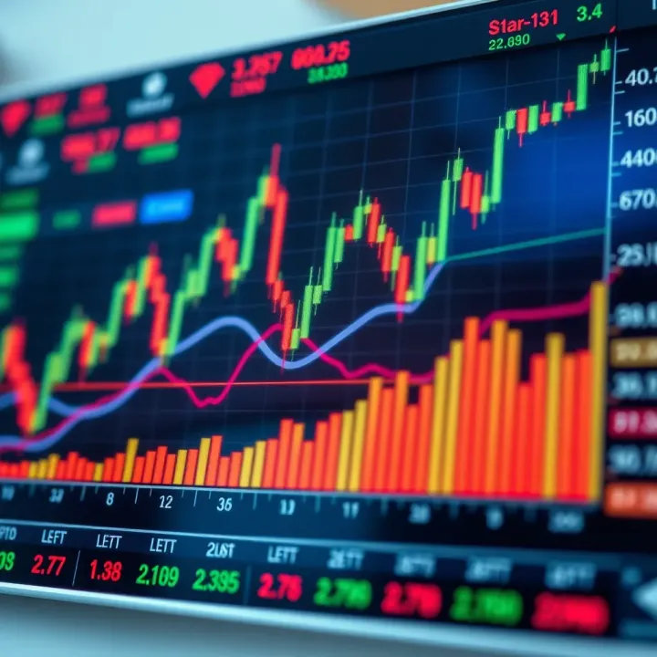 Graph showing binary options trading trends with currency symbols and market indicators