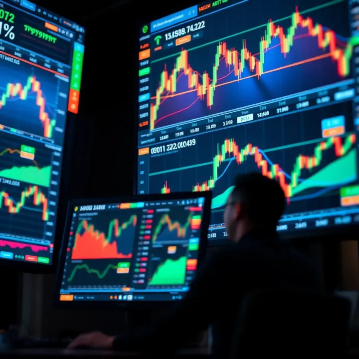 Cryptocurrency trading charts displaying market trends and price fluctuations on digital screens