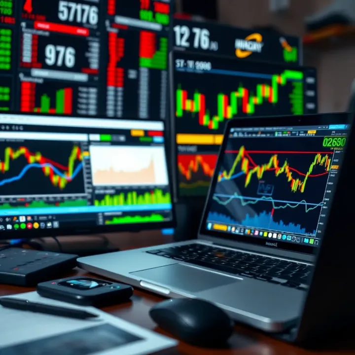 Collection of digital tools including charts, indicators, and a laptop used for online trading analysis