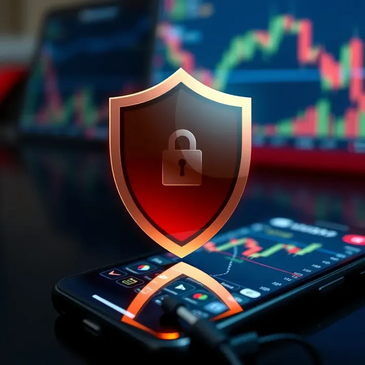 Security shield icon over a smartphone with financial graphs representing secure trading platforms