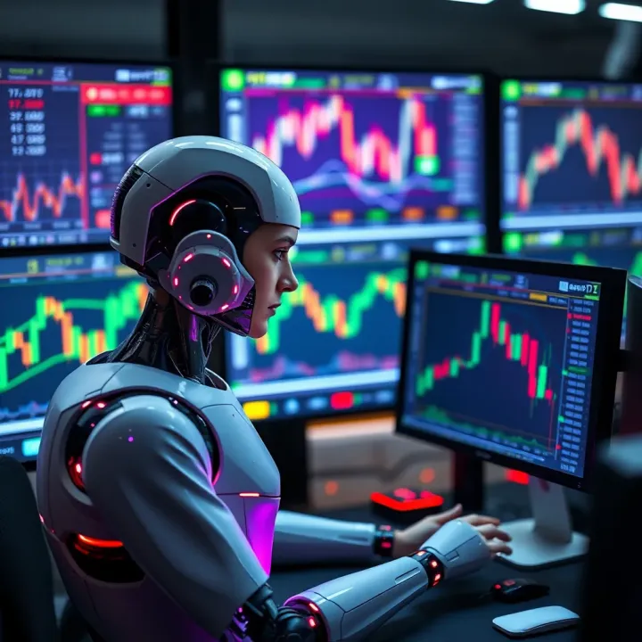 Representation of an automated trading bot analyzing market data on multiple screens