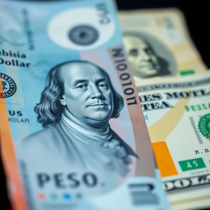 Close-up view of Colombian peso and US dollar banknotes side by side
