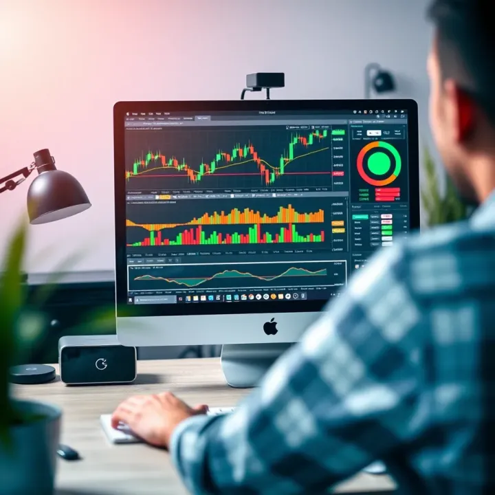 Illustration of a digital workspace with a computer screen displaying Forex charts and a video editing software interface