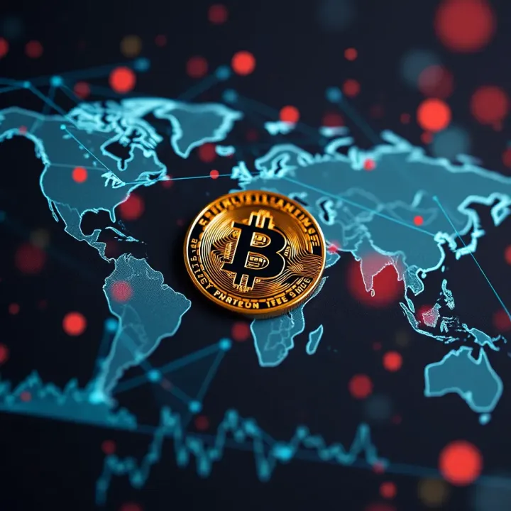 Conceptual digital illustration of cryptocurrency symbols over a global economic network
