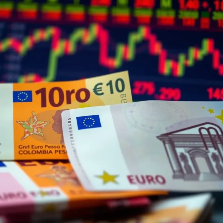 Currency notes featuring euros and Colombian pesos on a financial market background