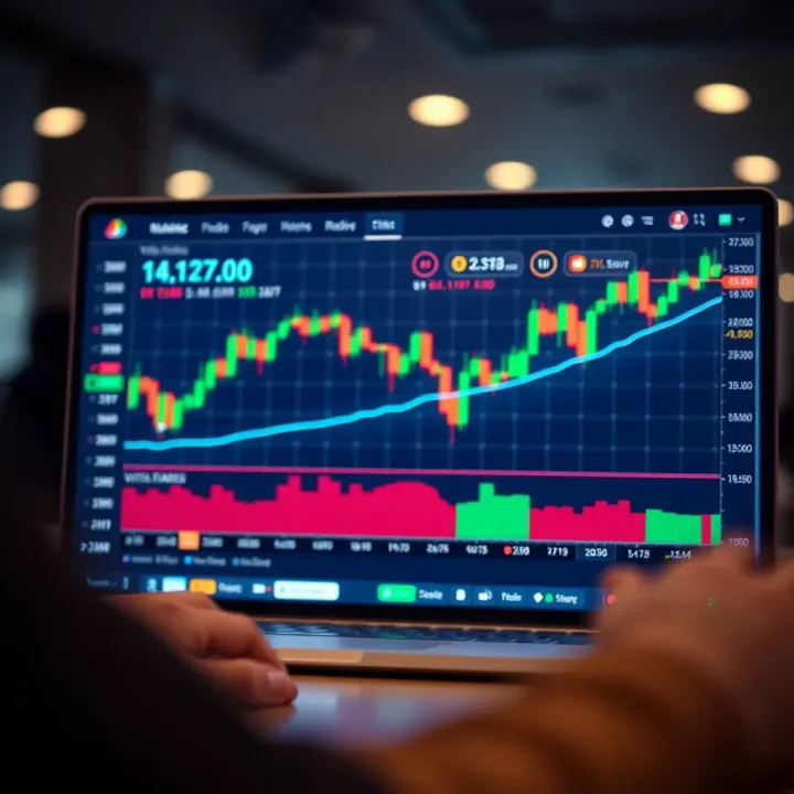 Illustration of a digital trading platform interface showing charts and indicators with virtual funds balance