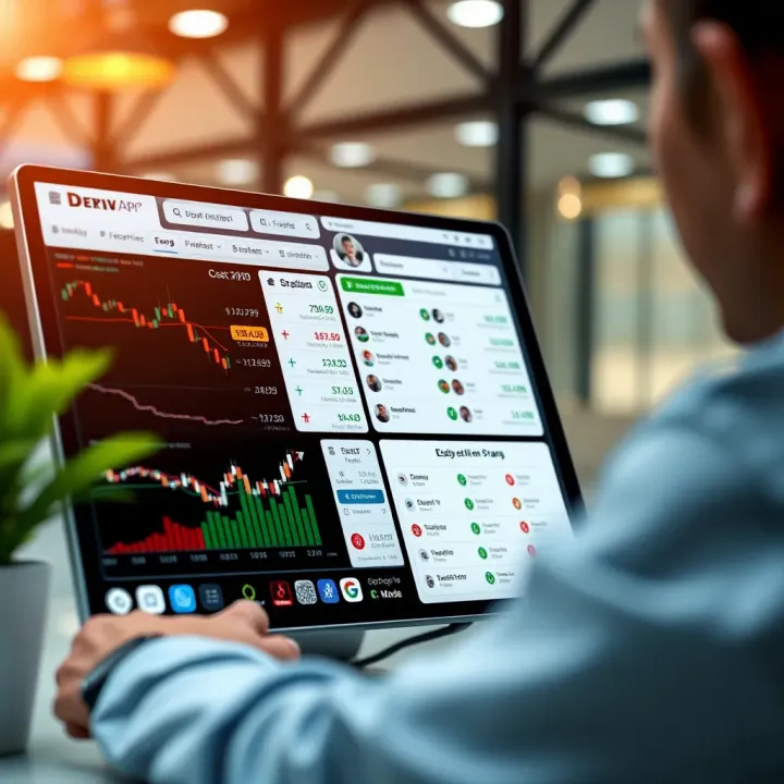 User interface showing the Deriv App dashboard with financial market charts and trading options