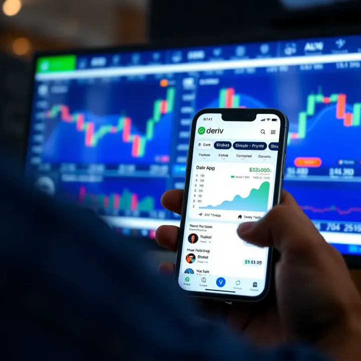 Mobile phone displaying Deriv app interface with trading options and charts